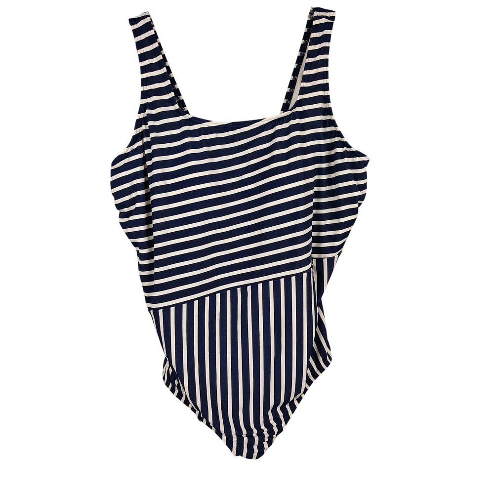 Lands End Womens SZ 24W One Piece Swimsuit Navy White Striped Coastal Nautical